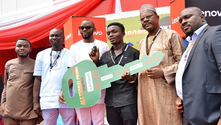 (L-r): Mr. Bolade OyekanmI, marketing manager, Smartphones, Lenovo Technologies West Africai; Onyemenam Daniel, deputy manager, National Lottery Regulatory Commission (Lagos Zonal Office); David Akindele, sales manager – Independent Retailers, Lenovo Technologies West Africa; Nnamudi Marcellinus, representative of Kia Rio grand prize winner (Vivian Onyemaechi); Joshua Nggada, head, Lagos Office, Consumer Protection Council (CPC), and Dayo Odusote, sales manager, Organised Retail, Lenovo Technologies West A